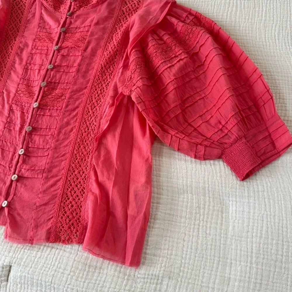 Free People One 100% Cotton Hot Pink Puff Sleeve Blouse XS NEW NWOT